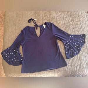 Navy Bell Sleeve Faux Pearls V-Neck Top with Tie Back Size Medium